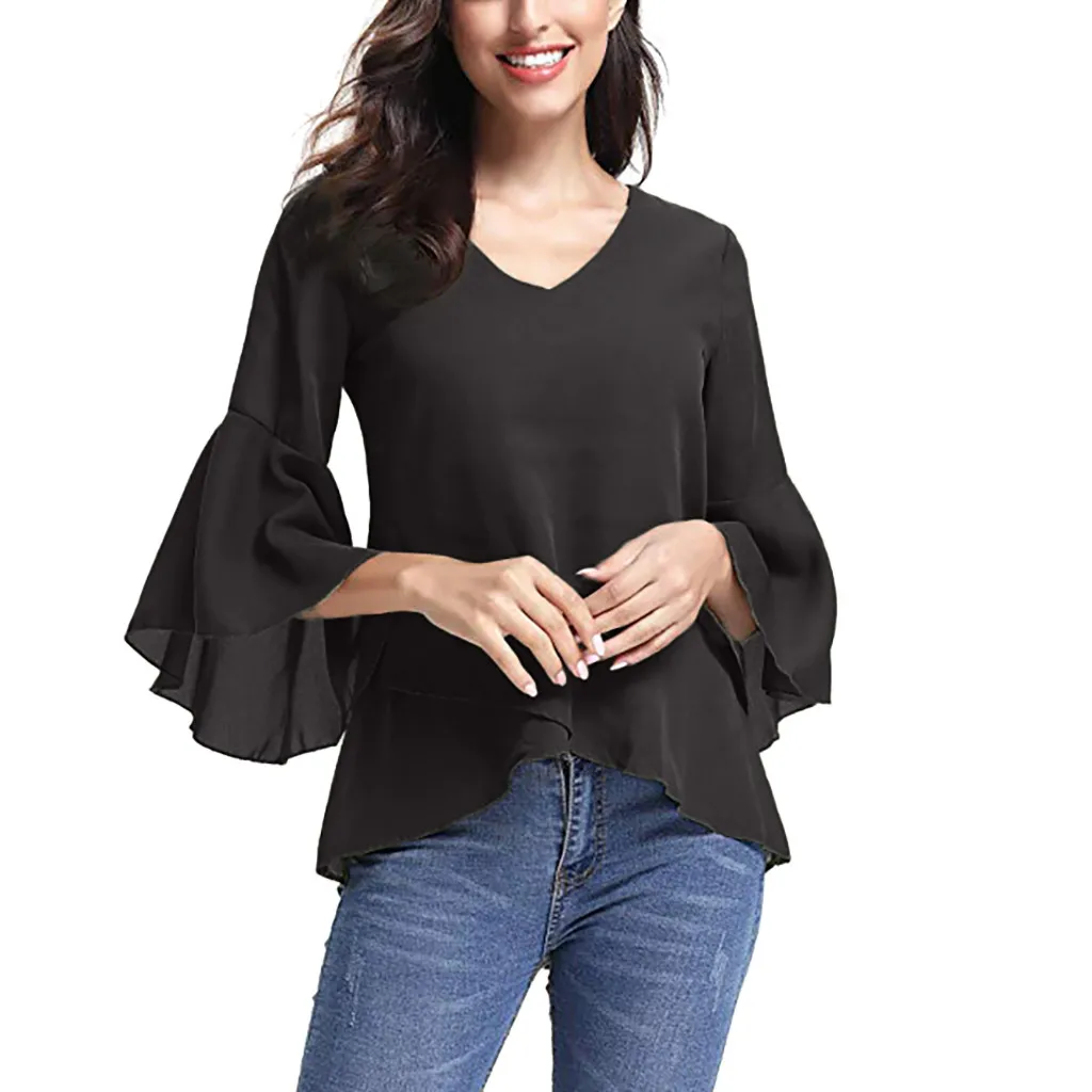 Hot Sale Tops Blouse Shirt Women Ladies Summer V-Neck Bell Sleeve Solid Chiffon Tunic #45 |