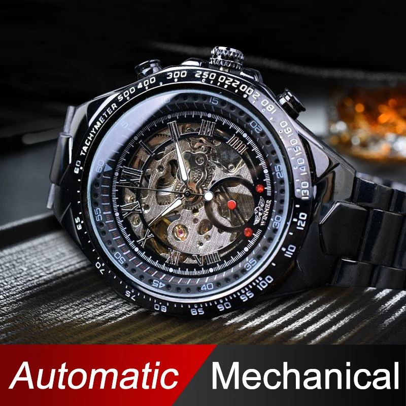 Победитель Черный циферблат Нержавеющая сталь часы horloge Для мужчин Роскошные