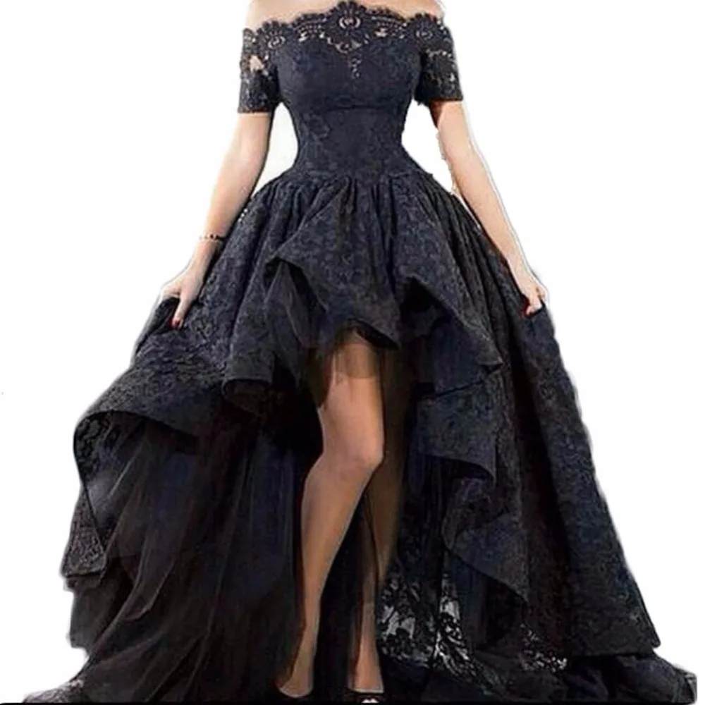 

New Black Lace Strapless Off The Shoulder Short Sleeves High Low Prom Dresses Evening Gowns Vestido Longo Formal Occasion