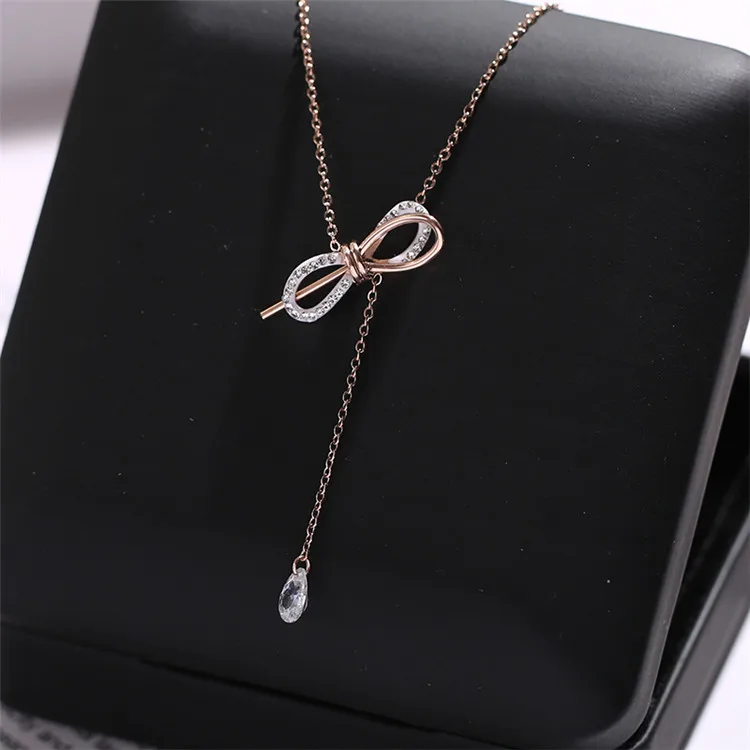 rose gold YUN RUO, розовое золото и серебро, креативный циркониевый бант, регулируемая подвеска, ожерелье, колье, титановая сталь, ювелирные изделия, никогда не выцветают, Прямая поставка - Окраска металла: rose gold