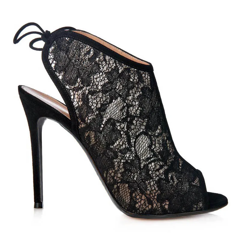 Fashion Trends Black Lace Temptation Summer boots Ankle Strap Peep toe Slingback Breathble Shoes Heels High 12CM |