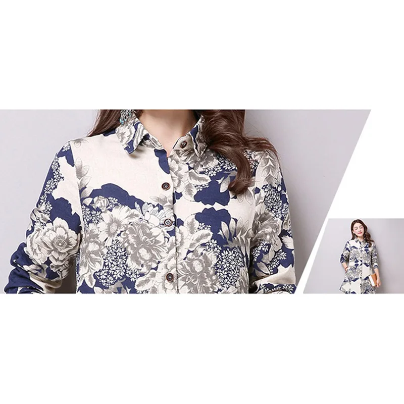 

Spring Autumn Cotton linen Women Blouse 2020 Plus Size Vintage floral Print Clothes Casual Female Shirt Long Cardigan Tops W687