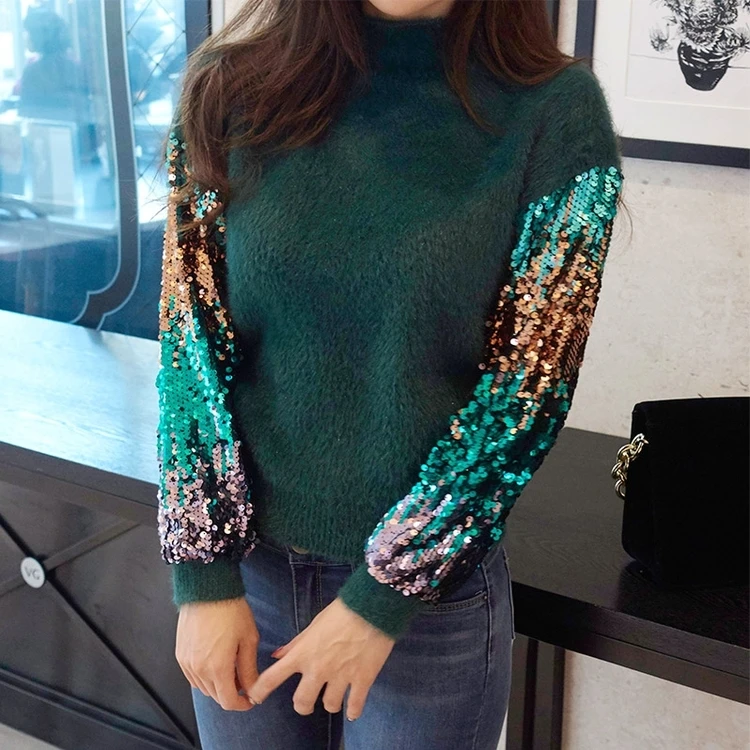 Женский модельный пуловер из мохера свободный трикотажный джемпер с блестками в