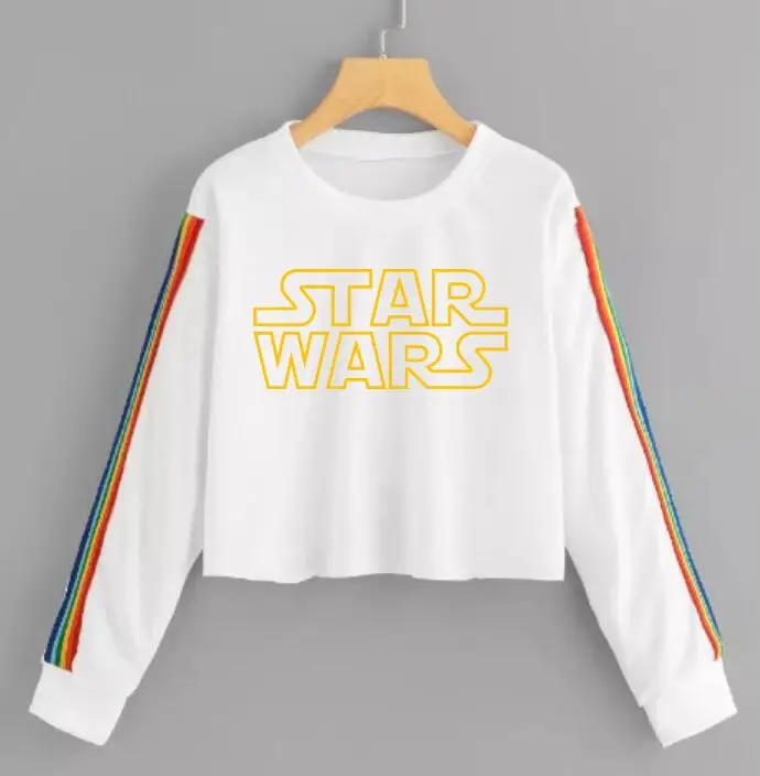 New Fashion Women's STAR WARS Round Neck Long Sleeve T-Shirt Short Rainbow Stripe Street | Женская одежда