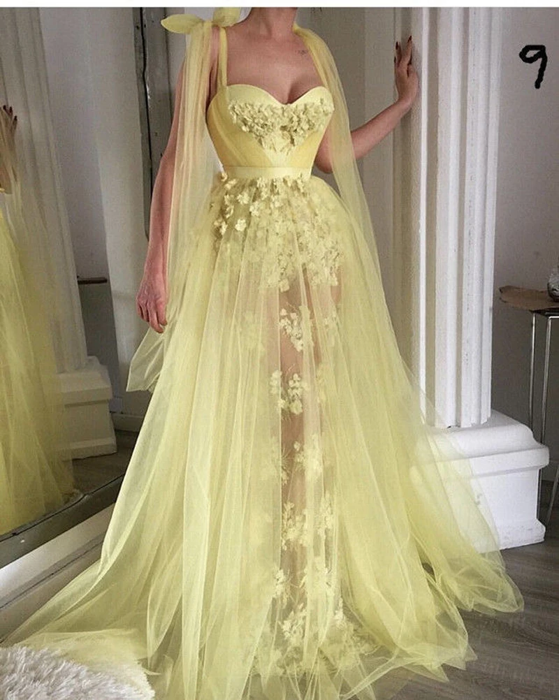 

Applique Tulle Fold Sweetheart A LineA Line perspective Sheer Straps half long sleeve Yellow dress lace A Line