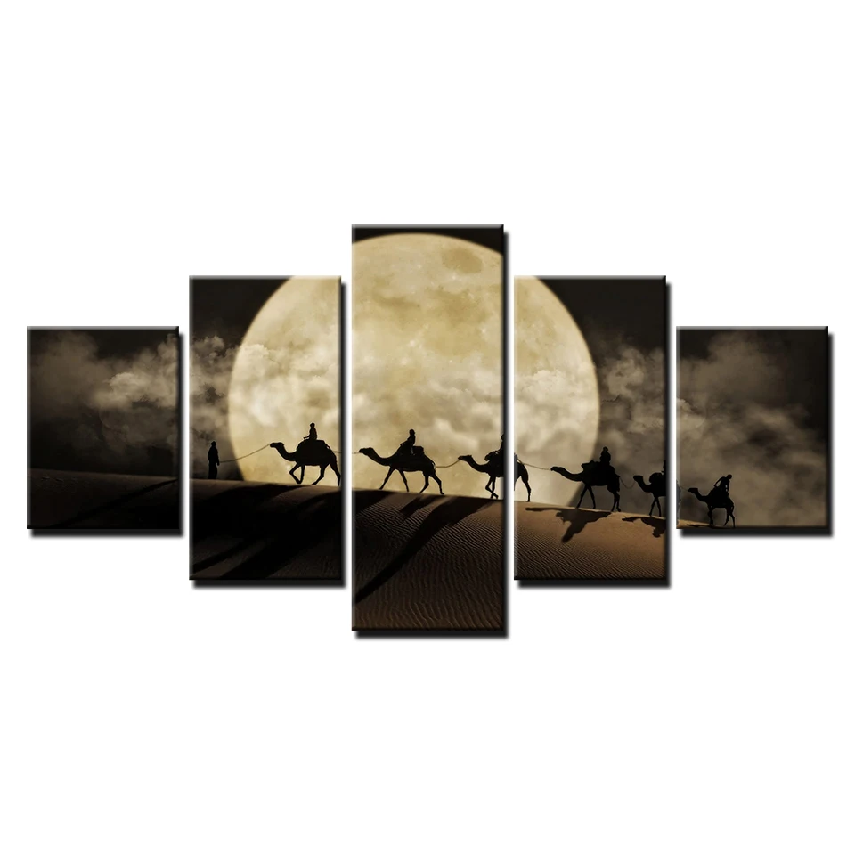 Modern Wall Art Canvas Pictures HD Prints Home Decor Living Room Frame 5 Pieces Camel Team Poster Full Moon In Desert Paintings | Дом и сад