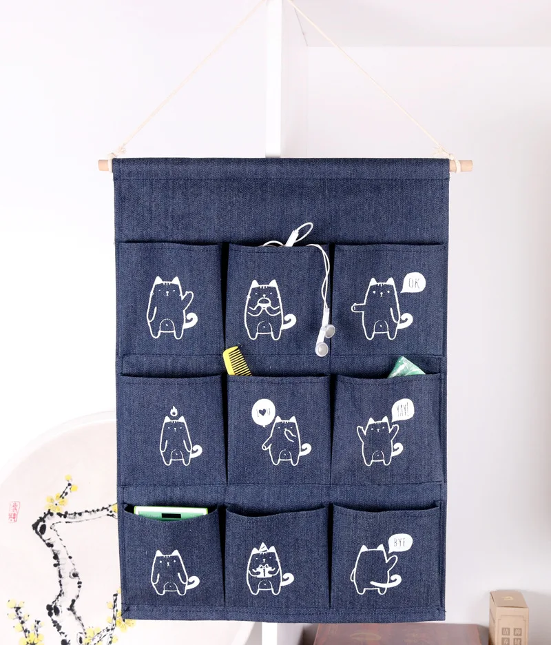 

Cotton Linen Hanging Storage Bag 9 Pockets Wall Mounted Wardrobe Hanging Bag Wall Pouch Cosmetic Toys Organizer multi Colors