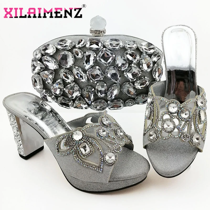 

Silver High Quality 2019 Summer New Design Matching Slippers and Bag Set High Heels Matching Shoes and Bag Set for Wedding