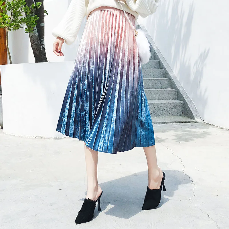 

2018 autumn winter new Korean version high waist thin pleated skirt gold velvet large swing mid-calf skirt Gradient color