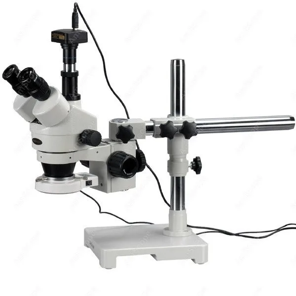 

LED Boom Stand Microscope--AmScope Supplies 7X-90X Trinocular LED Boom Stand Stereo Zoom Microscope + 5MP Camera