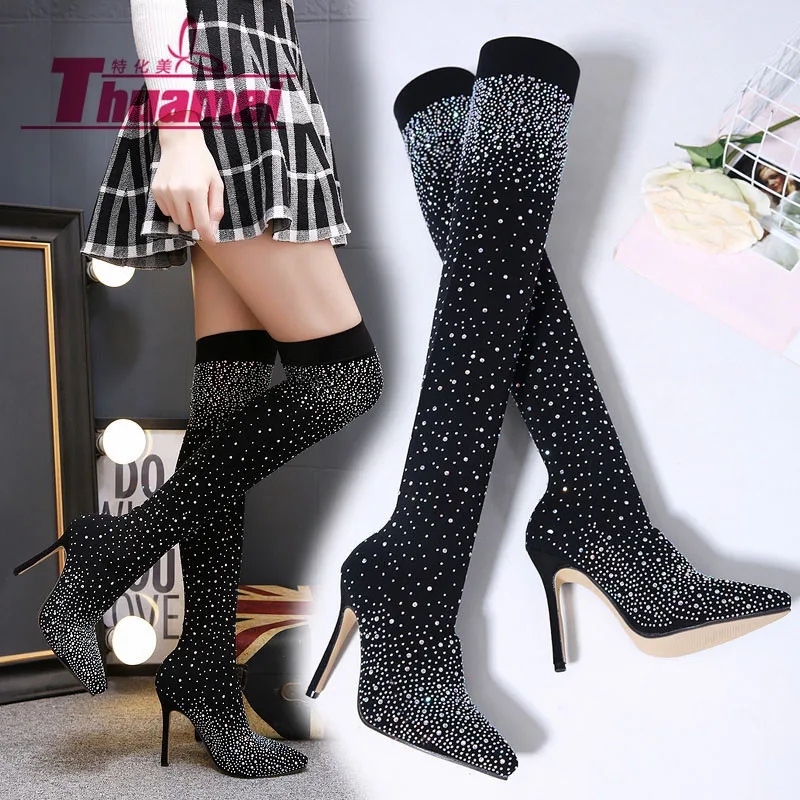 Размер 35-43 женские носки выше колена сапоги из эластичной ткани на высоком