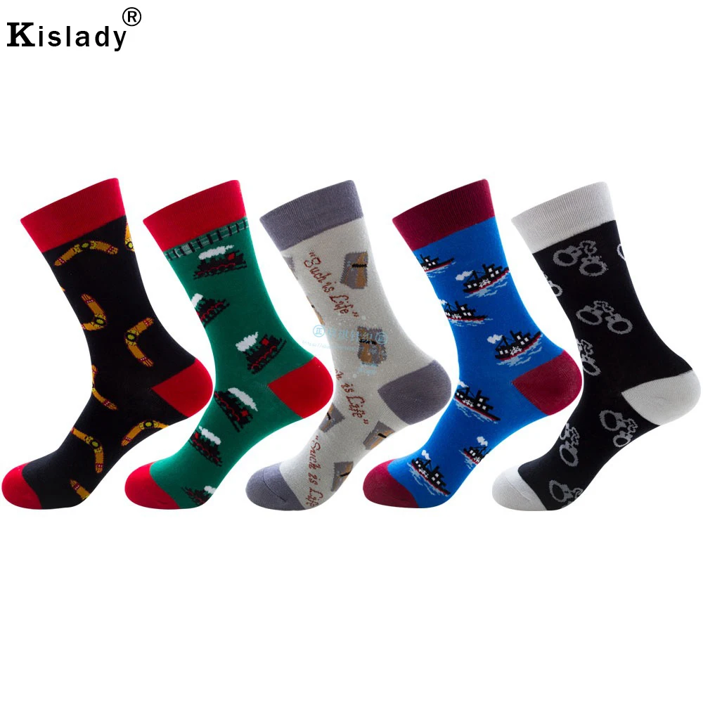 Яркие мужские носки с принтом Happy осенне зимние Канье West Train Ship 2019|Мужские носки| |