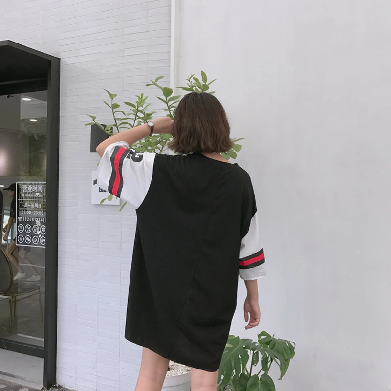 Harajuku Джерси Большой размер bf длинная бейсбольная форма с коротким рукавом женская летняя свободная Корейская версия прилива платье
