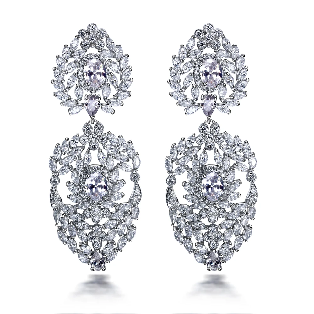 Женские длинные серьги капельки с родиевым покрытием и фианитом ААА|earrings