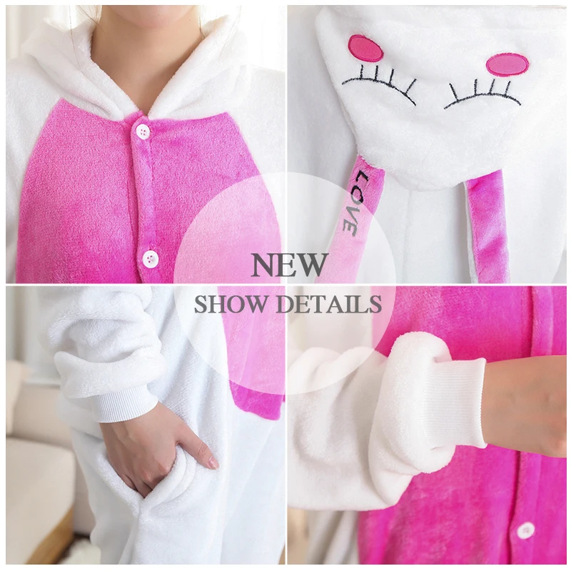 RONGTAI Love Rabbit Pajamas Sets Flannel Animal Winter Nightie Stitch unicornio Sleepwear for Women Men Adults | Женская одежда