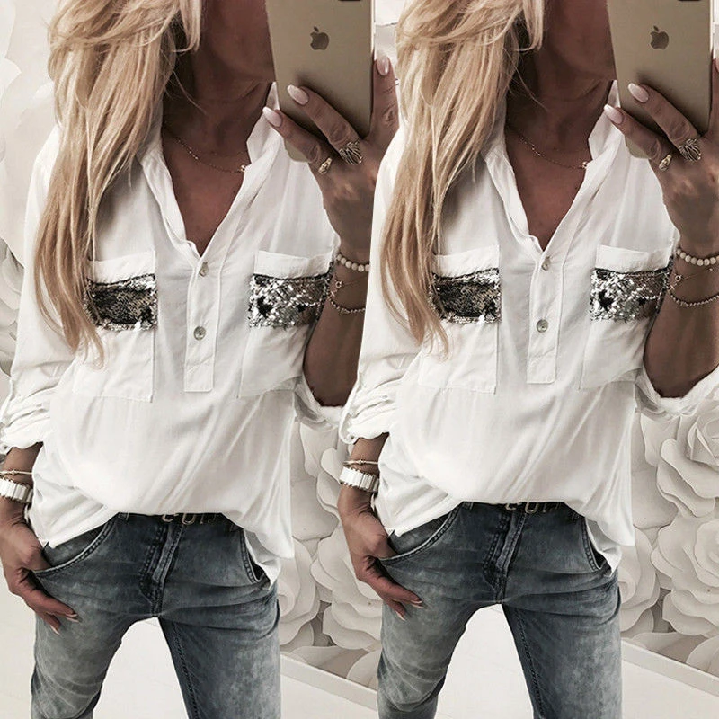 

New Fashion Ladies Autumn Spring Tops T-shirt Casual Button V Neck Ladies Cotton Tops Long Sleeve Sequined Summer Top