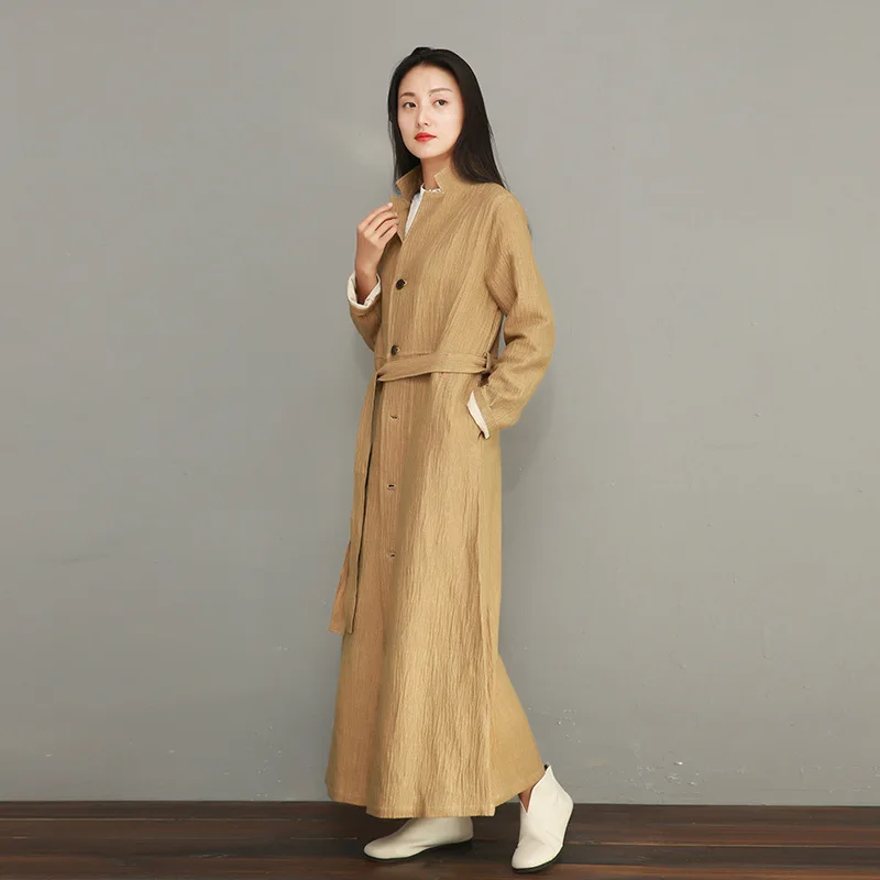 khaki NINI WONDERLAND,, весенний тонкий Тренч, женское одноцветное модное длинное пальто, женская льняная хлопковая верхняя одежда на осень с поясом - Цвет: khaki