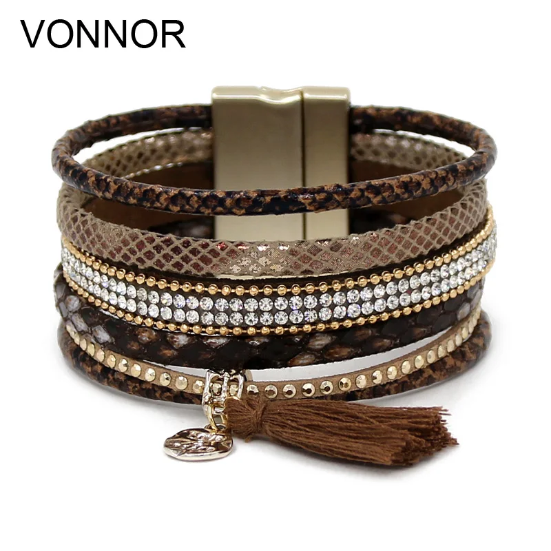 VONNOR, женские браслеты, многослойные, кожа, бархат, веревка, стразы, кисточки, аксессуары, браслет
