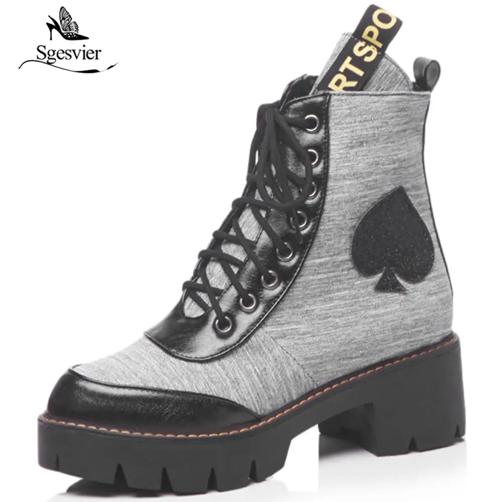 Sgesvier women's motorcycle riding ankle boots punk western style heart shape platform laced up short plush winter OX983 | Обувь