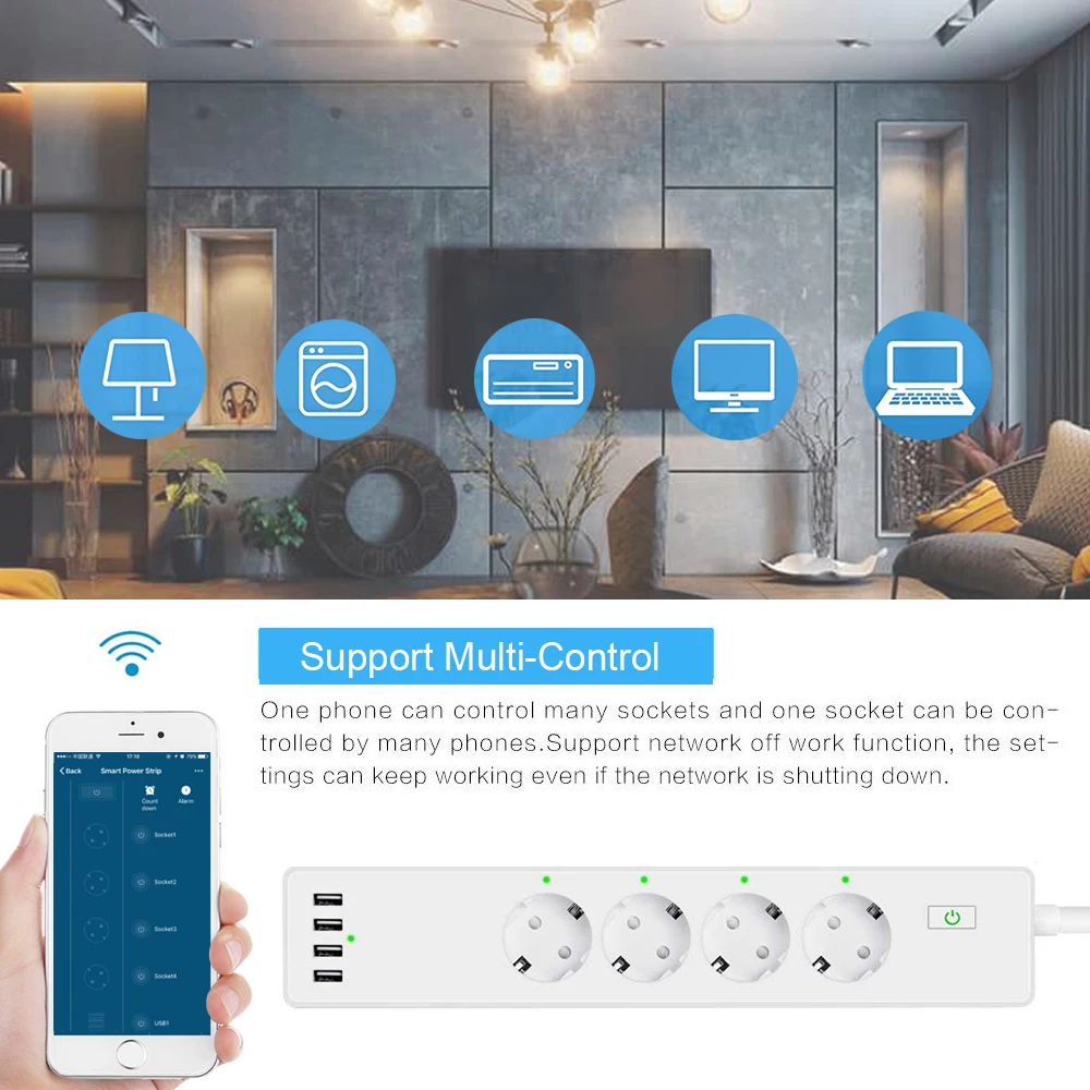 Французский стандарт WiFi умная полоса питания 4 типа E розетки USB порта приложение