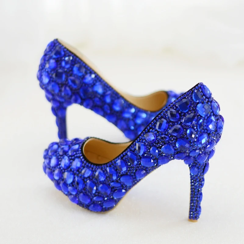 

Blue Rhinestone Crystal Shoes Evening Party Dress Match Banquet Bride Stage Performance Royal Blue 3cm Water Platform High Heels