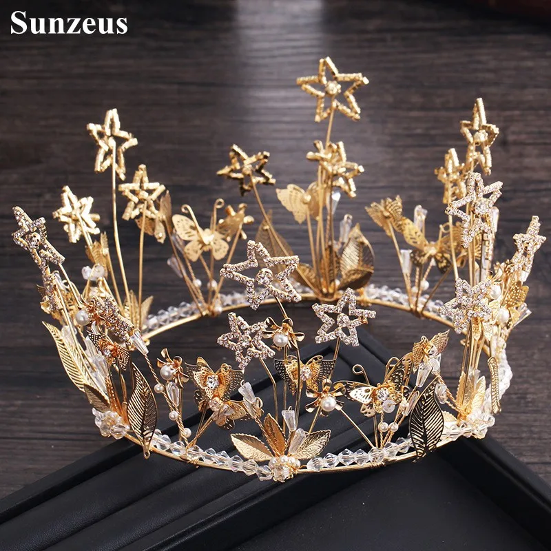 Gold Round Princess Headband for Bridal Shiny Stars Shape Leaves Gorgeous Women Hair Accessories gelin tac aksesuarlar SHA71 | Свадьбы и
