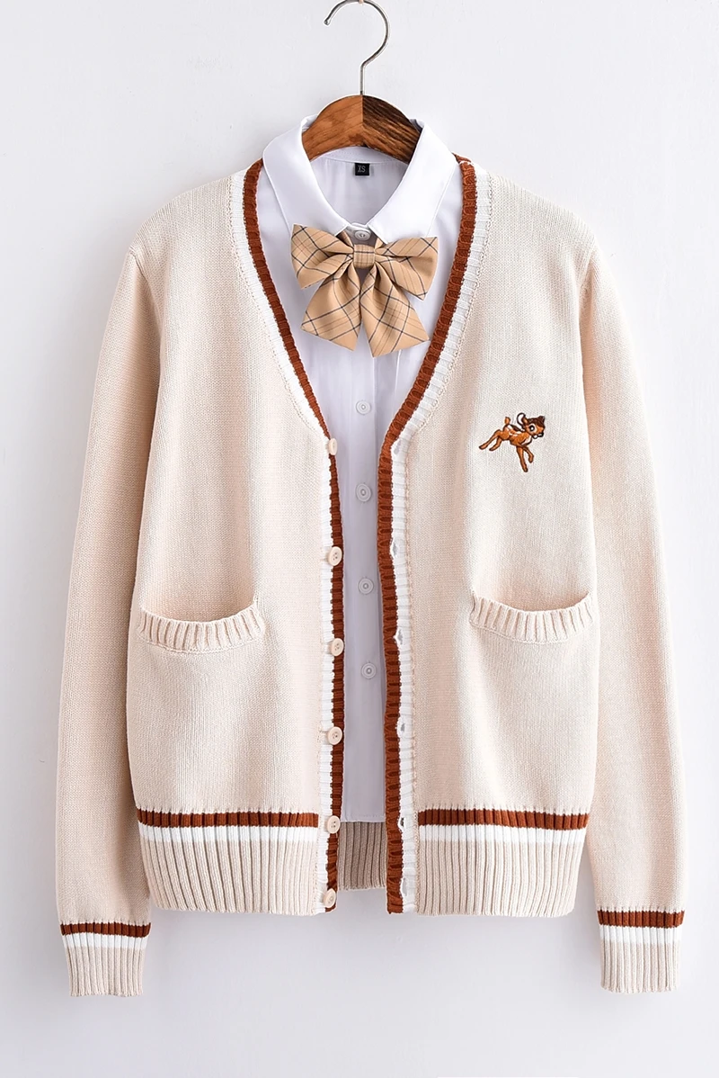 

Thick Almond color Fawn embroidery JK uniform cardigan sweater