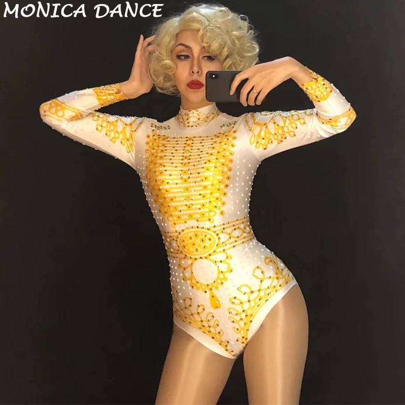 Women Sexy Stage White Bodysuit Gold Sparkling Crystal Jumpsuit Nightclub Party Stage Wear Female Dancer Singer Bling Costume