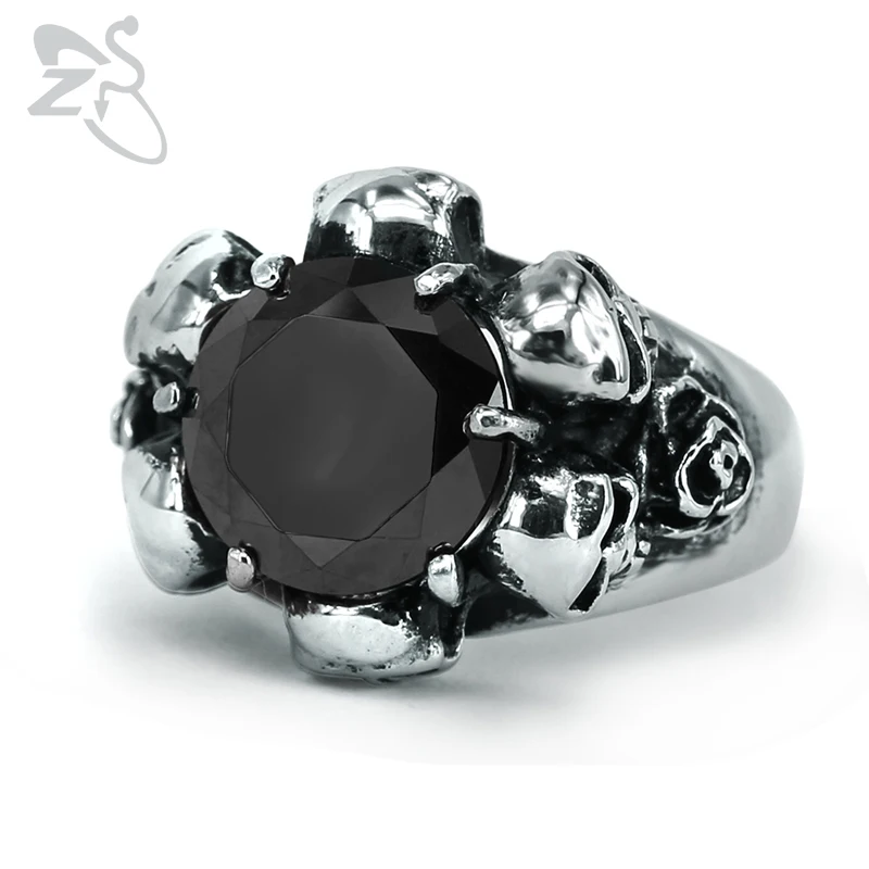 

ZS Male 316L Stainless Steel Skull Rings with Black & White Zirconia Vintage Punk Style Jewelry Gothic Finger Ring for Men 2018