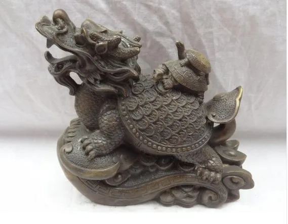 YM 316 8&quot Chinese Bronze Animals FengShui Dragon Turtle Statue On YuanBao Coin RuYi | Дом и сад