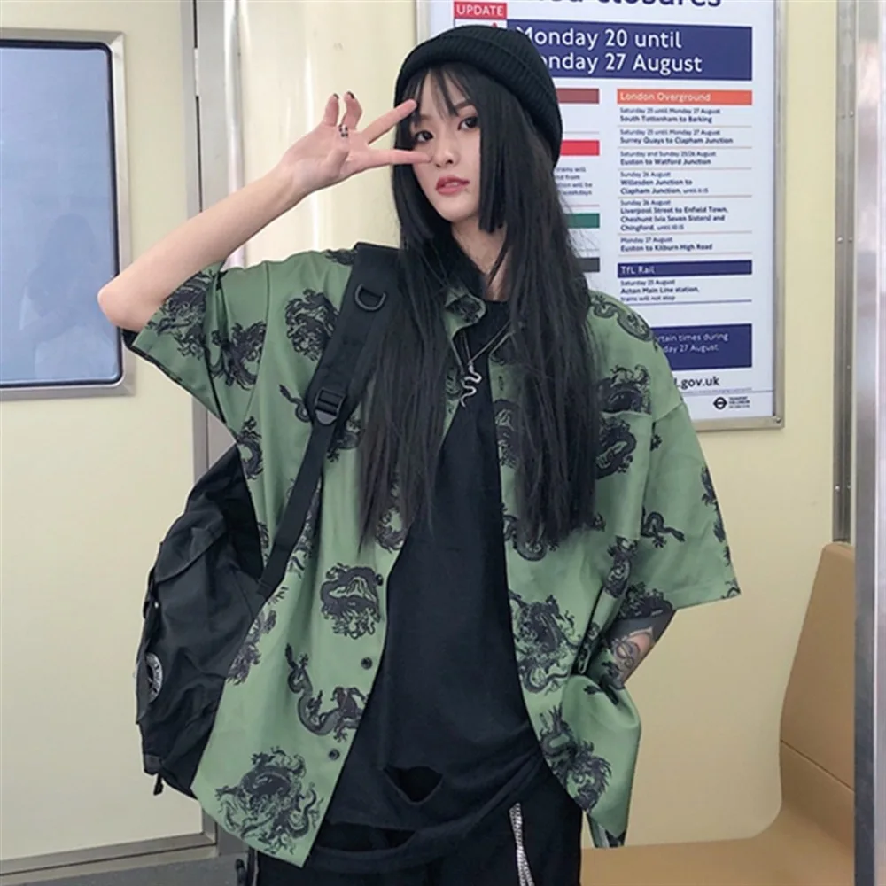Женская уличная блузка в стиле Харадзюку Повседневная зеленая хип-хоп с принтом