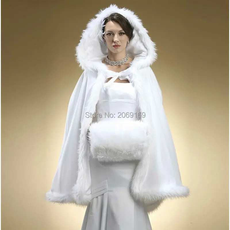 2020 Winter Bridal wrap Hooded with Faux Fur Trim Short for Bride Winter Wedding Cloak Cape white faux fur shawl