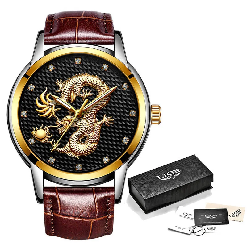 Gold black L Relogio masculino, оригинальные мужские часы LIGE s, Лидирующий бренд, Роскошные Кварцевые часы с золотым Драконом и скульптурой, мужские полностью Стальные наручные часы+ коробка - Цвет: Gold black L