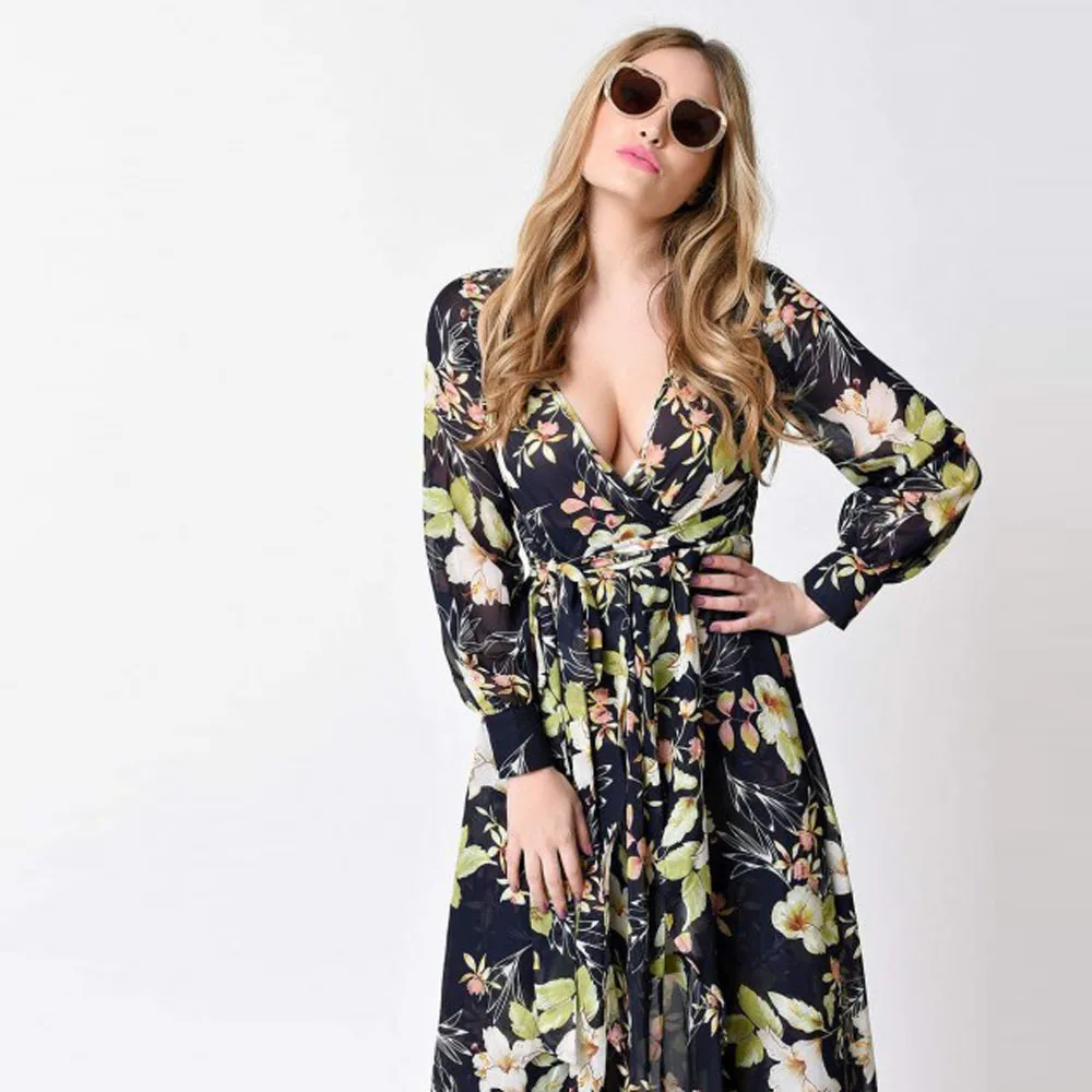 Женское шифоновое длинное платье-макси с цветочным принтом вечерние пляжные