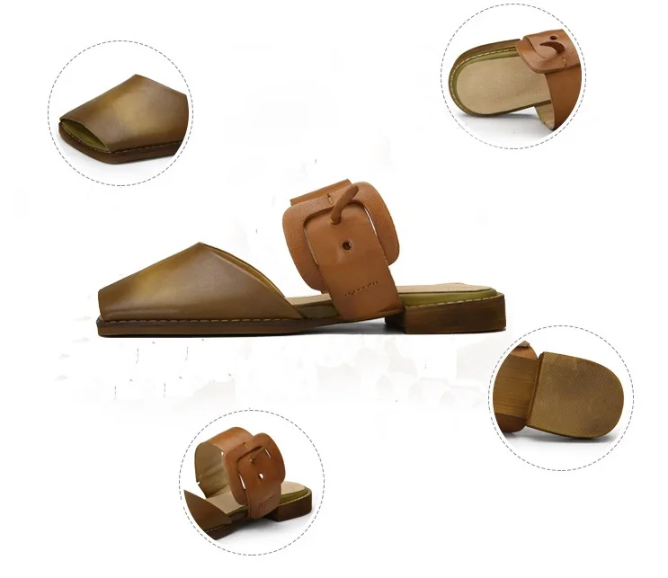 Artdiya genuine leather women shoes handmade retro original summer slippers comfortable flat sole square head open toe sandals