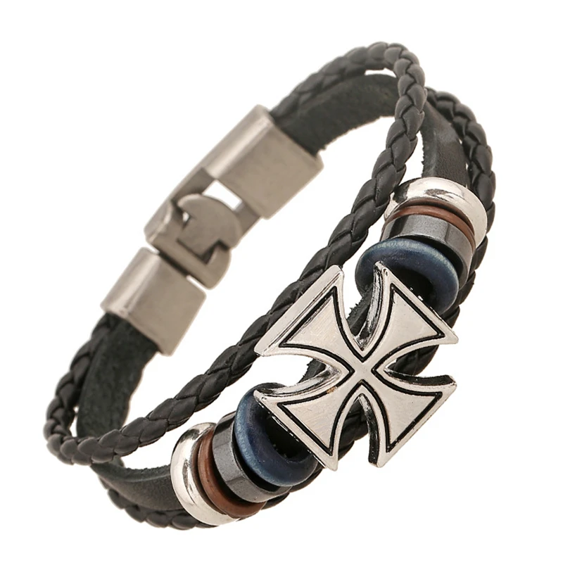 

Handmade Vintage Woven Cuff Black Genuine Leather Men Punk Alloy Cross Beads Charm Bracelets For Women Homme Femme Men Jewelry