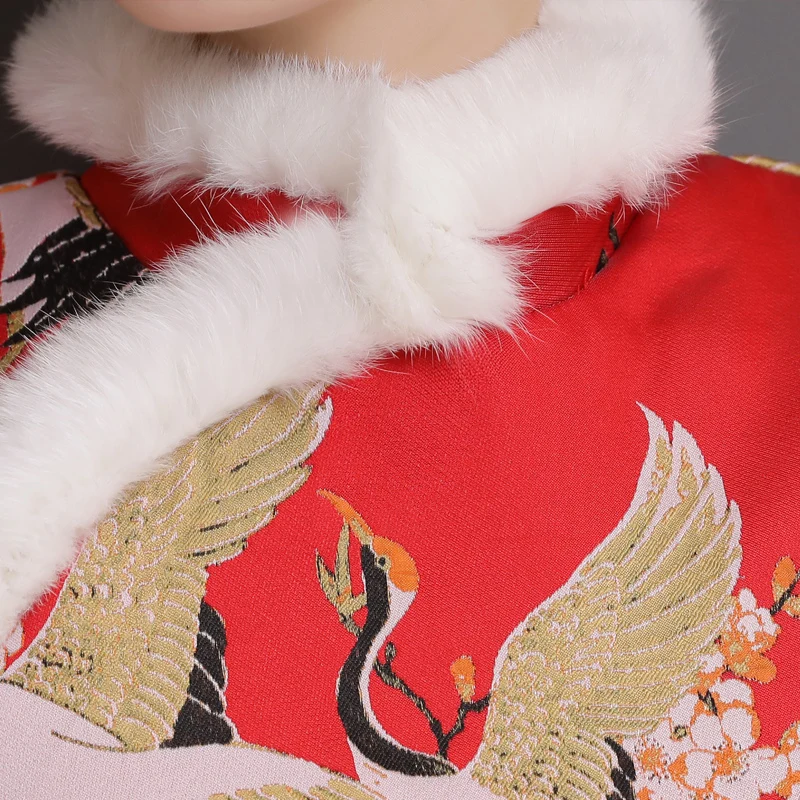 Высокое качество зима 2018 изменение Cheongsam Китайский Стиль теплый меховой воротник
