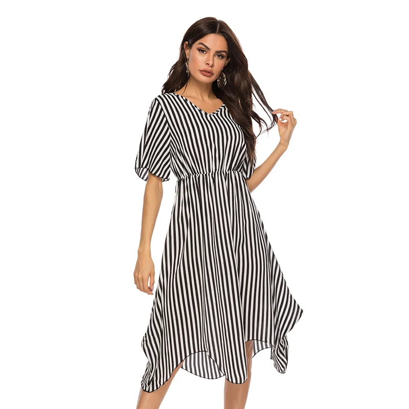 Женское платье с цветочным принтом и V образным вырезом в полоску|Женские платья|