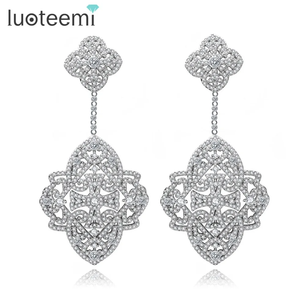 

LUOTEEMI New Elegant Big Square CZ Crystal Flower Shape Drop Brincos White Gold-Color Korean Fashion Girl Party Accessories