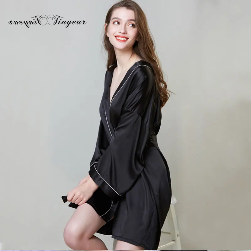 Tinyear 2019 Newest L-2XL Women's Satin Solid Bathing Robe Lingerie Sexy Mini Dress Wedding Bridesmaid Sleepwear Bathrobe | Женская