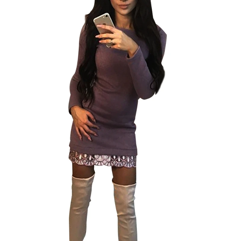 Новые осенние женские туфли длинный рукав Вязанная одежда Карандаш Мини платье
