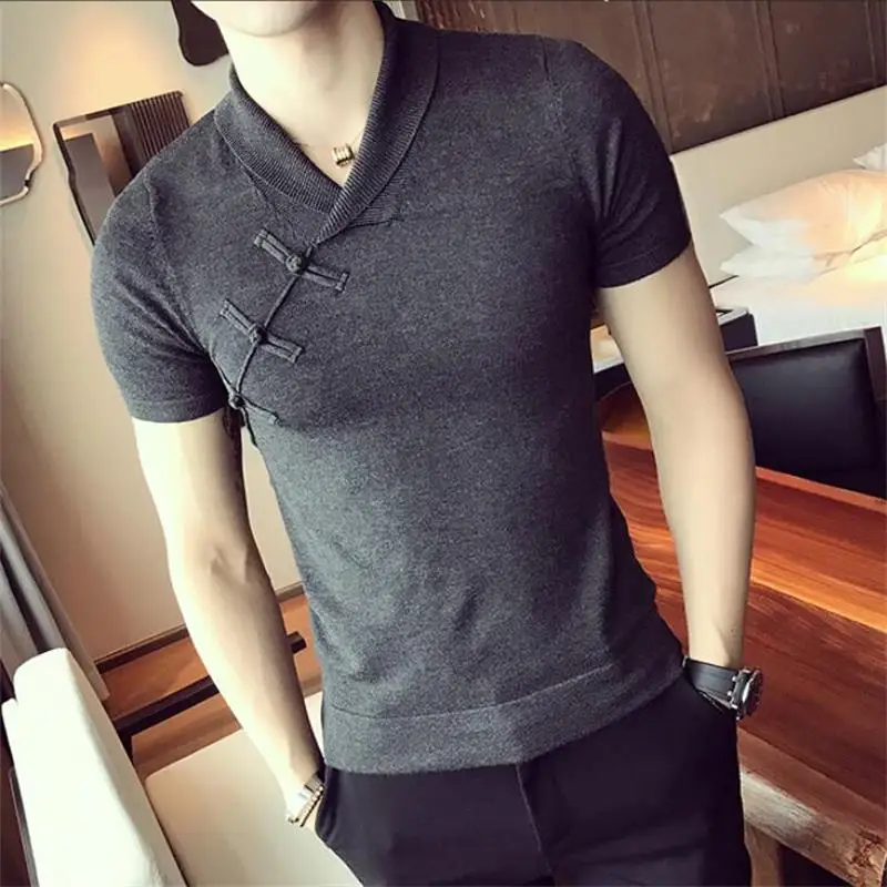 

Summer fashion short sleeve v-neck Chinese style button decoration homme t shirt slim solid color men t-shirt
