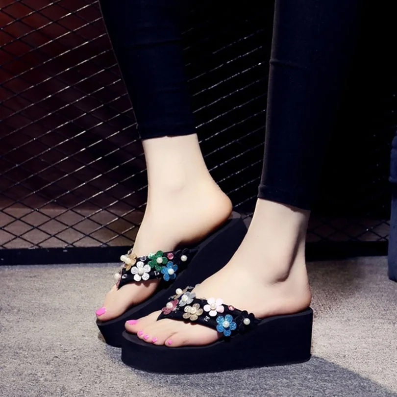 Шлепанцы ручной работы с блестящими цветами для женщин пляжные шлепанцы в