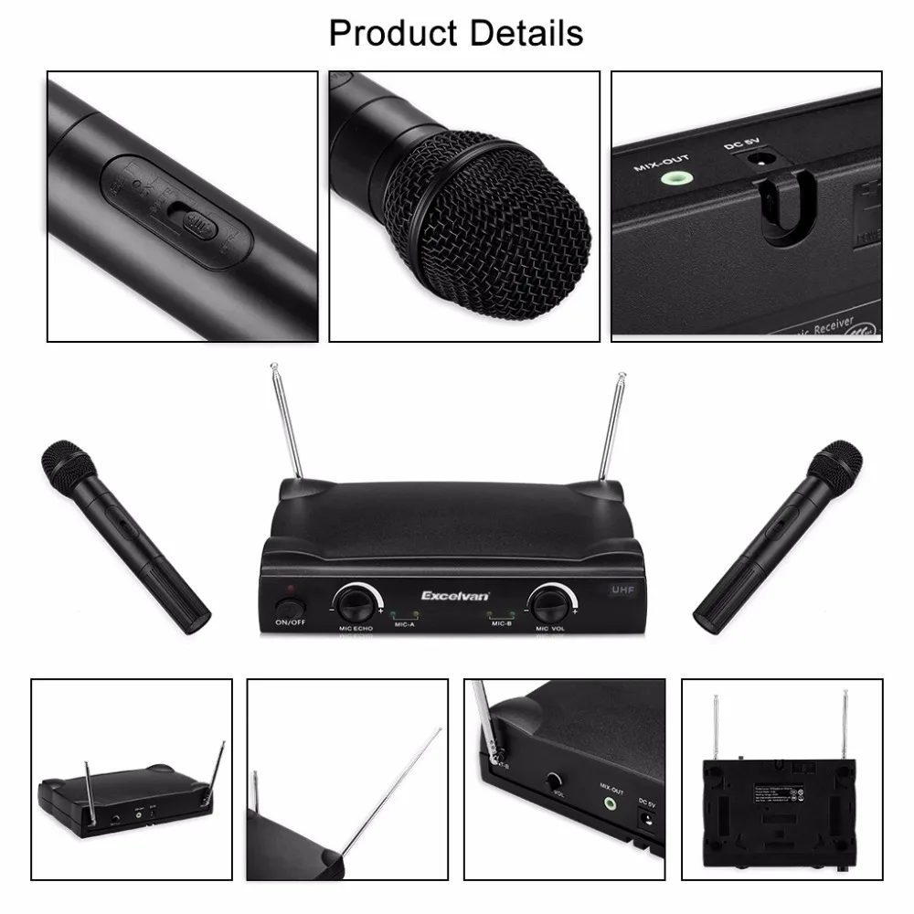 Excelvan K380 Wireless Handheld Condenser Microphone Dual 2 Channel UHF Recording For Karaoke Conference Home Use | Электроника