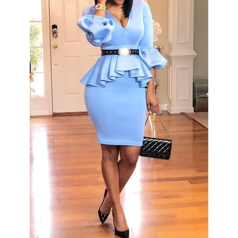 Весна 2019 офис Bodycon платье для женщин Глубокий V пикантные вечерние синий Стильный