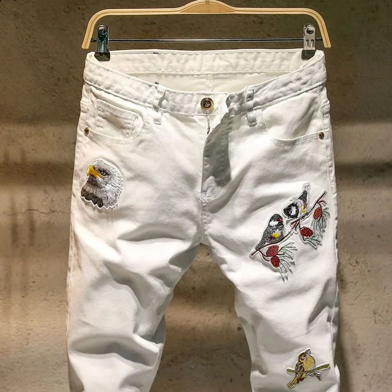 Джинсы мужские с вышивкой в виде птиц модные облегающие штаны стиле хип-хоп