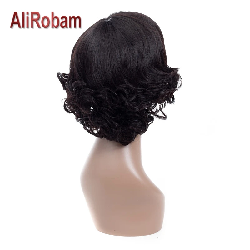 AliRobam Synthetic Wigs Black Color Short Bouncy Curly Wig with Side Part Bangs High Temperature Fiber White Woman |