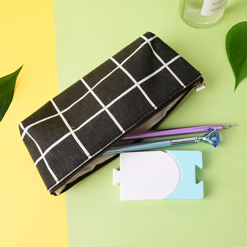 

Canvas Pencil Case School Pencil Bag Simple Striped Grid Pencils Writing Office Supplies Pen Bag Students Stationery