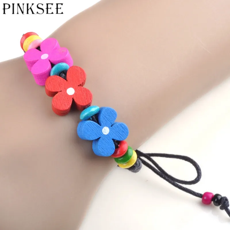 Pinksee 2 шт. цветок искусственный стиль деревянный и веревочный браслет ручной