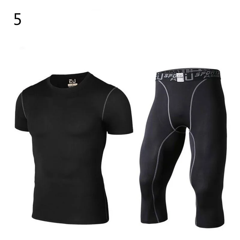 Fitness Men Sets Pure black Compression Shirts and Leggings Base Layer Long Sleeve T Shirt Clothing Set | Мужская одежда